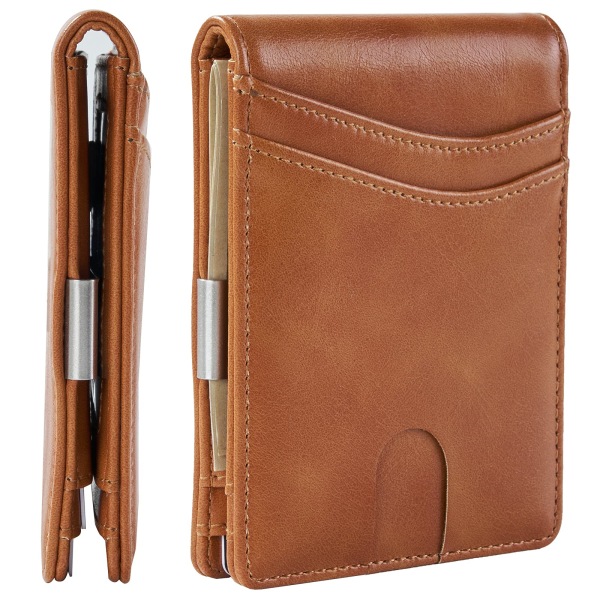 Minimalistinen ohut lompakko miehille, premium-nahkainen lompakko rahaklipsillä, RFID-suojattu etutasku Tyylikäs bifold lompakko (klassinen ruskea)