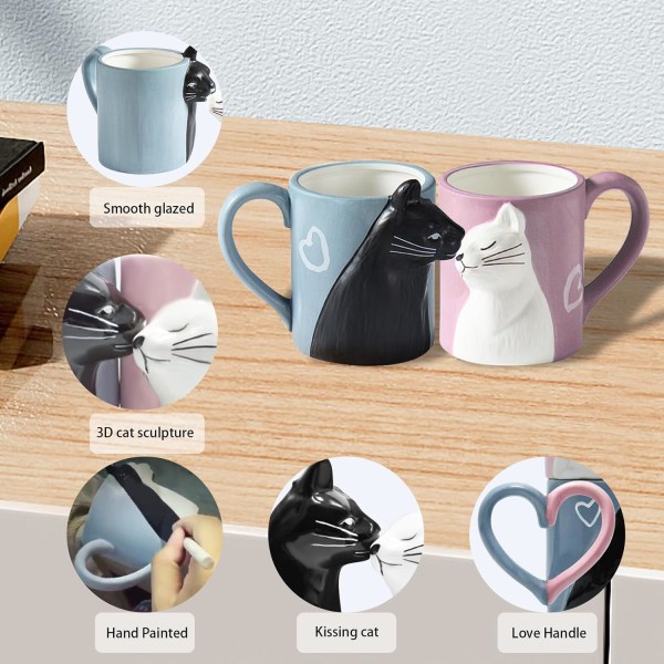 Katt Kaffe Par Mugs,Søte Morsomme Tekopper Sett,Bryllupskrus for Bryllupsdekorasjoner,Bryllupsgaver for Brud og Brudgom,Kyss Matchende Gave