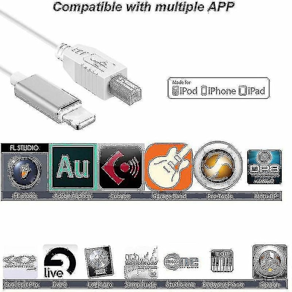 Lightning-liitäntä Type-b MIDI-näppäimistömuuntimeen USB 2.0 -kaapeli iPhone 7 8 X iPadille