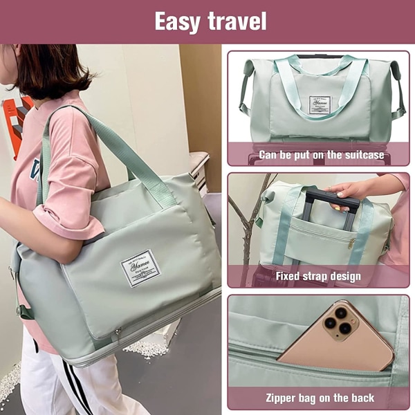 Stor hopfällbar resväska, lätt och vattentät handbagageväska med fast rem, torr och våt separation hopfällbar resa green