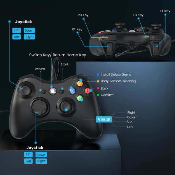 Kabelansluten kontroll för Xbox 360, spelkontroll för 360 med Dual-Vibration Turbo kompatibel med Xbox 360/360 Slim och PC Windows 7,8,10