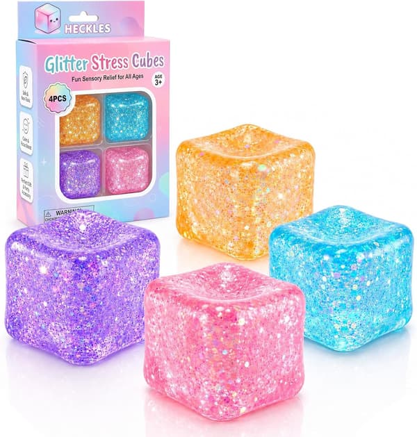 4-pak glitter stress terning squishy legetøj, blødt klemmelegetøj til stress og uro