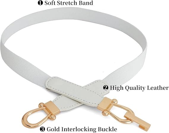 Kvinnors smala elastiska bälte för klänningar, tunt retro stretchbälte med guldfärgat spänne 2-pack, svart, vit, 80cm 80cm black+white