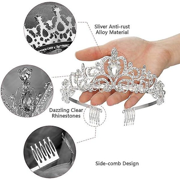 Krystallkrone Tiara, Tiara med Rhinestone Kam for Brud, Pageant, Ball, Bryllup, Prinsessefester, Jubileum