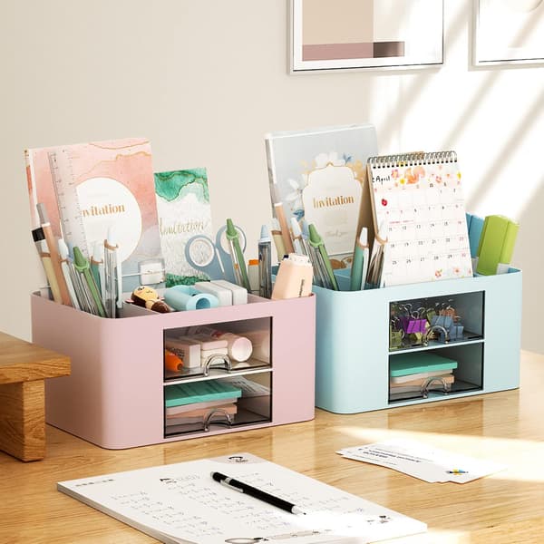 1 stk. skrivebordsorganisator med skuffer, multifunktionel penneholder med 7 rum (pink) pink