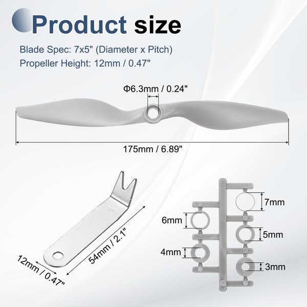 MECCANIXITY 7x5 tommer RC-propeller, 2-bladet propellerudskiftning grå højhastighedspropeller med adapterringe og propellernøgle til RC-fly 4 7" x 5" 4