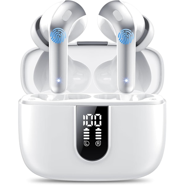 Langattomat nappikuulokkeet, 50 tunnin toistoaika Bluetooth-kuulokkeet, Bluetooth-kuulokkeet 5.3, korvassa 4 ENC-puhelun melunvaimennusmikrofonilla, bassobuusti 85% WHITE