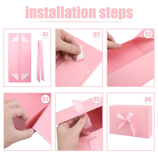 Lyxig Presentask med Band, Vikbar Presentask i Kartong med Lock 26.5x19x8cm Rosa pink