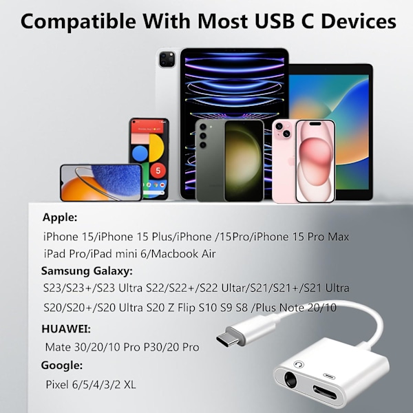 USB C til 3,5 mm hovedtelefon- og opladeradapter 2-pak, 2-i-1 USB C til Aux Jack Dongle-kabelledning