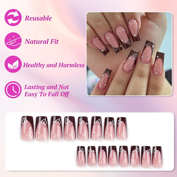 Franska spets falska naglar, fyrkantiga tryck på naglar medel längd rosa brun akryl gel falska naglar kärlek strass design, återanvändbara blanka stick on naglar