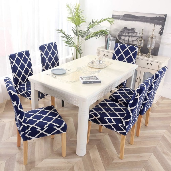Cover Set om 4 Stretch Spandex Matstolsstol Underlägg Dekorativa stolsöverdrag för bröllopsfest i matsalen (blå+vit)