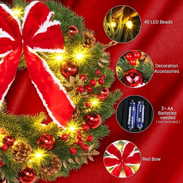 Foroplyst julekrans (40 cm, batteridrevet) med LED-lys, velegnet til dekoration af hoveddøre