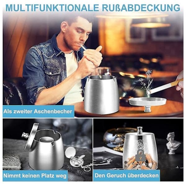 Vindtätt askfat i rostfritt stål med lock, utomhusaskfat med halkfri botten, silver, storlek medium