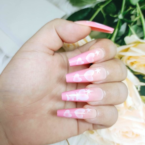 Gradient Tryk på Negle, 24PCS Blanke Lange Pink Falske Negle Hjerte Falske Negle Fuld Dækning Design Negle Tips til Kvinder Daglig Dekoration pink