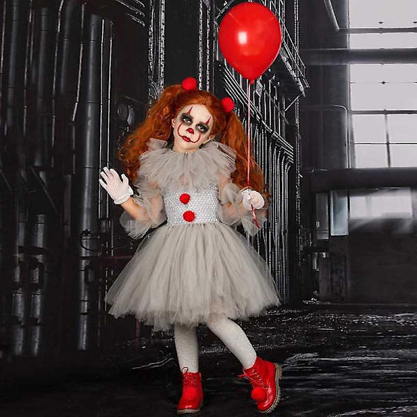 Clowndräkt för flickor, Halloween Cosplay Partykostym, Mesh Prinsessklänning, Hårklämma, Handske Set, Barn 150cm
