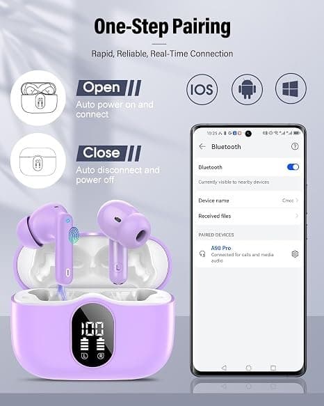 Trådlösa hörlurar Bluetooth 5.4 med LED-display, brusreducerande mikrofon, HiFi Stereo In-Ear-hörlurar, IP7 vattentäta för iPhone Android Purple