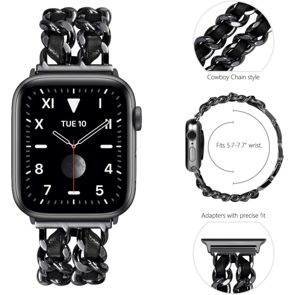 Naisten metalliranneke yhteensopiva Apple Watch 42mm 44mm 45mm, ruostumattomasta teräksestä valmistettu linkkiranneke iWatch Series 9/8/7/6/5/4/3/2/1/SE black 42/44/45MM