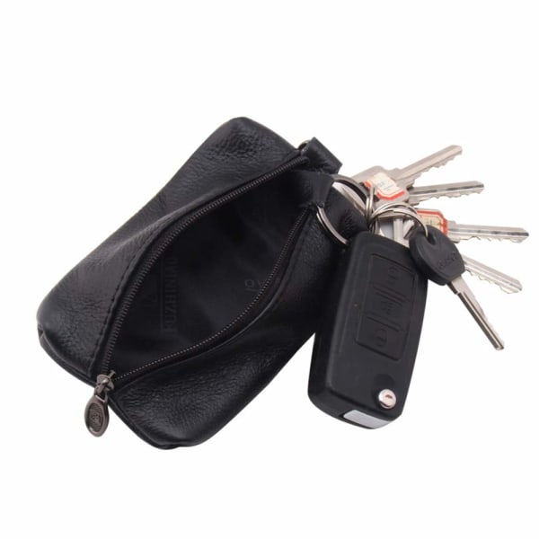 Unisex nøkkelveske i ekte skinn Lommebokpose Veske nøkkelringholder med nøkkelring og glidelås