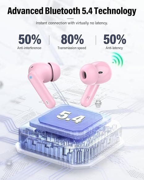Trådløse hovedtelefoner Bluetooth 5.4 med LED-display, støjreducerende mikrofon, HiFi Stereo In-Ear hovedtelefoner, IP7 vandtæt til iPhone Android Pink