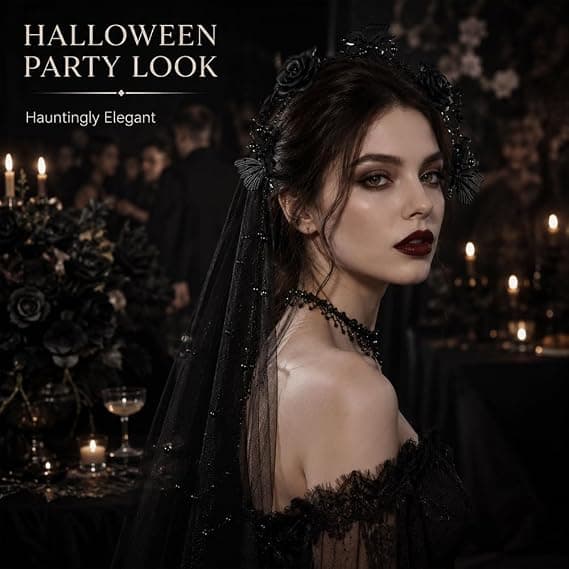 Sort Halloween Gotisk Blomsterhårbånd Slør Kvinder Udklædningstilbehør