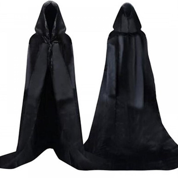 Svart Kapuschongkappa Lång Kappa Dödsvampyr Häxa Karneval Halloween Vuxen Trollkarl Kostym M