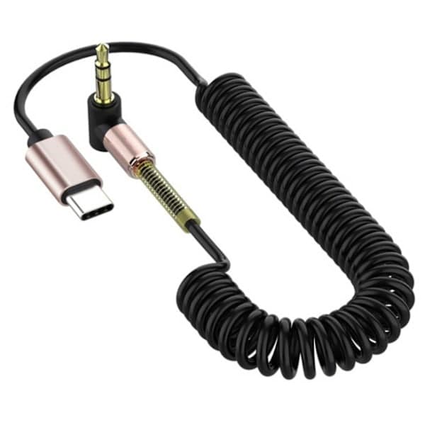 1m strækbart 3,5 mm AUX USB-C lydkabel hovedtelefonkabel Type-C sort