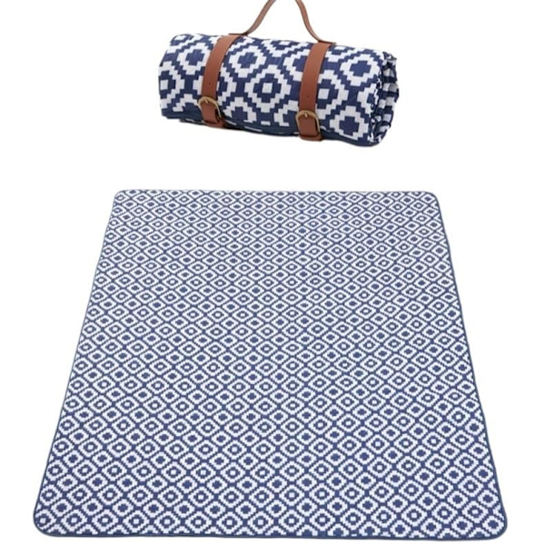 Bærbar sammenleggbar piknikmatte, vanntett og sandtett parkteppe med stropper for strand, plen, camping, fotturer, marineblå, 200X300CM