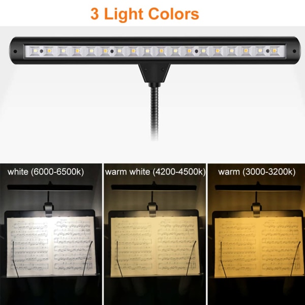 Oppladbart notestativlys, 18 LED-er Clip On Piano Light, 3 farger temperatur og 2 nivåer lysstyrkeinnstillinger