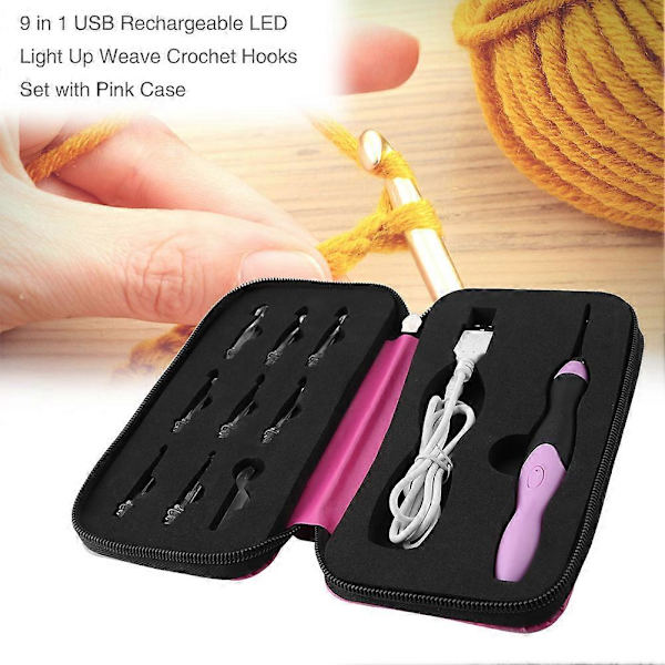 9-i-1 USB-laddningsbar LED-upplyst virkningsset med rosa fodral