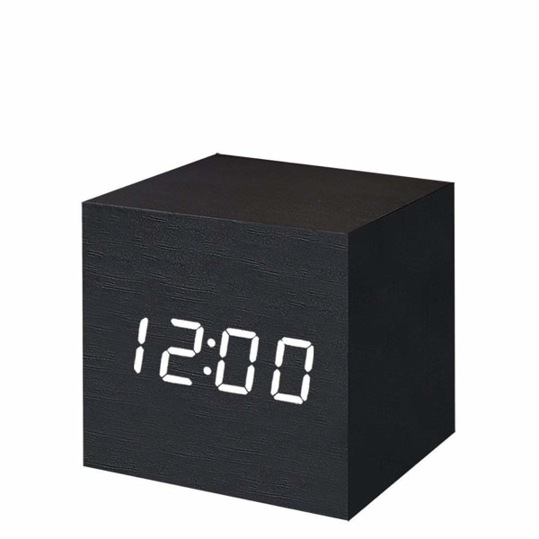Väckarklocka för sovrum Hem Kök Skrivbord Hylla Nattduksbord Kontorsresor, Trä Stor digital LED-skärm (svart, kub)