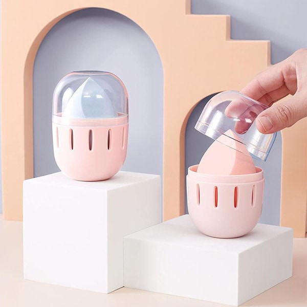 Makeup Svampholder Beauty Kosmetisk Egg Svamp Organizer Veske med klart lokk Støvfri Blender Holder i håndvesker Reisebagasje, Rosa