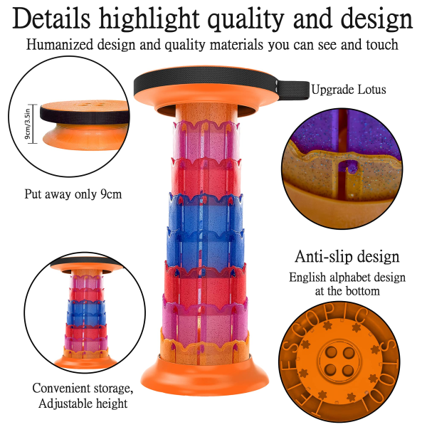 Uttrekkbar avføring Campingkrakker Teleskopisk Fordable stol med dreibar pute Bærbar sammenleggbar krakk Orange Rainbow