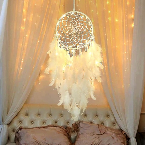 Led Dream Catcher Vægdekoration Hvid Fjer Dream Catcher Med Lys, Håndlavet Perle Boho Vævet Kunst Ornament