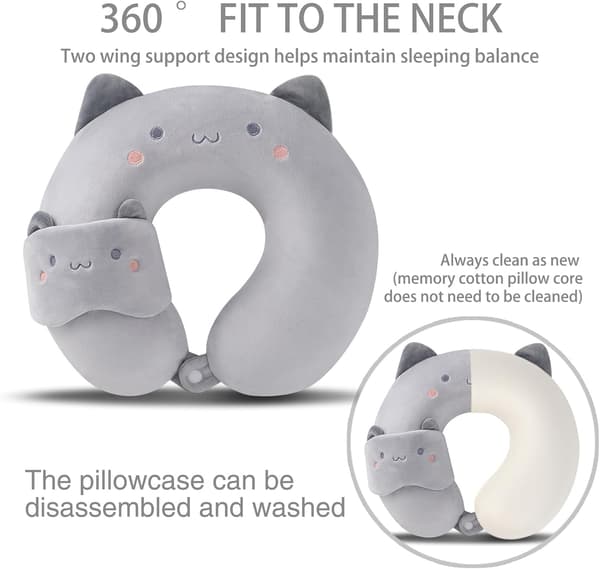 1 st resekudde och sovmaskset – söt resehalskudde, mjukt minnesskum (grå kattdesign) gray