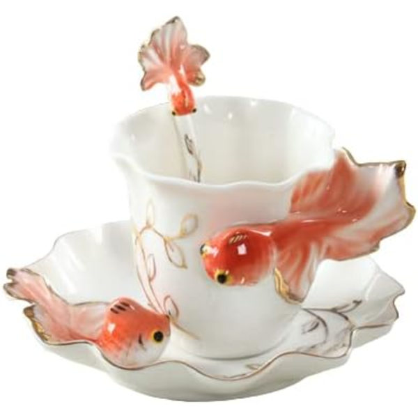 Keramisk tekopp, 3D guldfisk kaffekrus sæt, Fashion håndlavet porcelæn emalje guldfisk kaffekop med underkop og ske sæt porcelæn tekopp orange