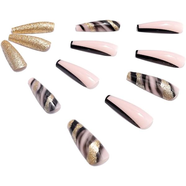 Kiste Falske Negle Lange Falske Negle Guld Sequin Tryk på Negle Fransk Pink Stick på Negle Ballerina Akryl 24stk til Kvinder og Piger black