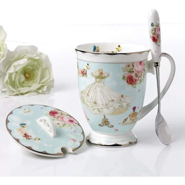 Tech Euro Style Porcelæn Te Kop Kaffe Krus med Låg til Morgenmad Hjem Køkken ((Rose og Kjole Mønster) (Blå)) B