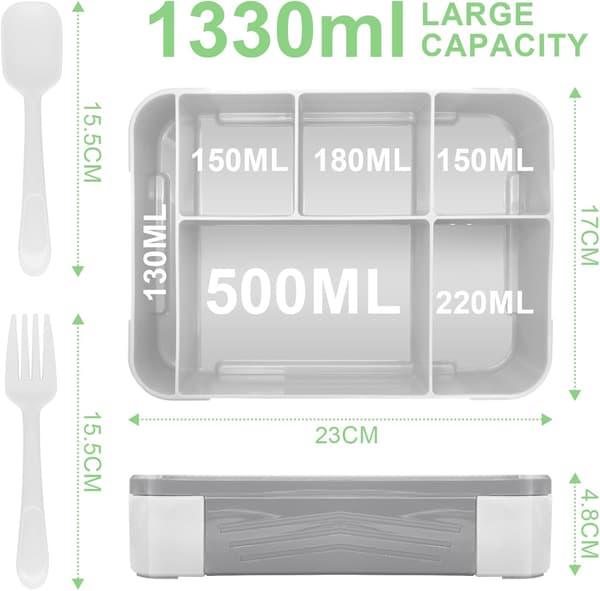 Bento matboks barn, Bento matboks voksne med 5 rom og 1 salatdressingbeholder (1 stk, grå, 23*17*4,8 cm) gray