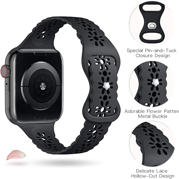 Pitsihihnat yhteensopivat Apple Watch -rannekkeen kanssa 38mm 40mm 41mm 42mm 44mm 45mm, pehmeä silikoni ontto elegantti hengittävä ranneke iWatch Series SE:lle black 38/40/41MM