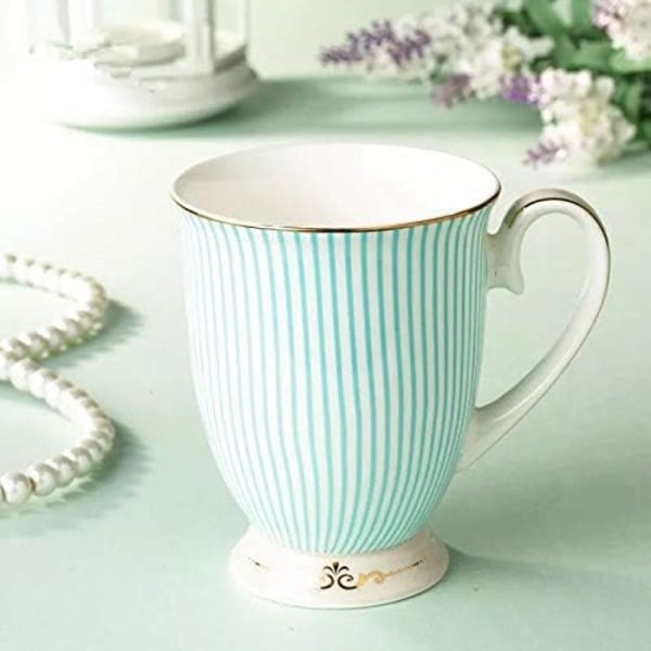 Tech Euro Style Porcelæn Te Kop Kaffe Krus med Låg til Morgenmad Hjem Køkken ((Stribet Mønster) (Cyan)) C