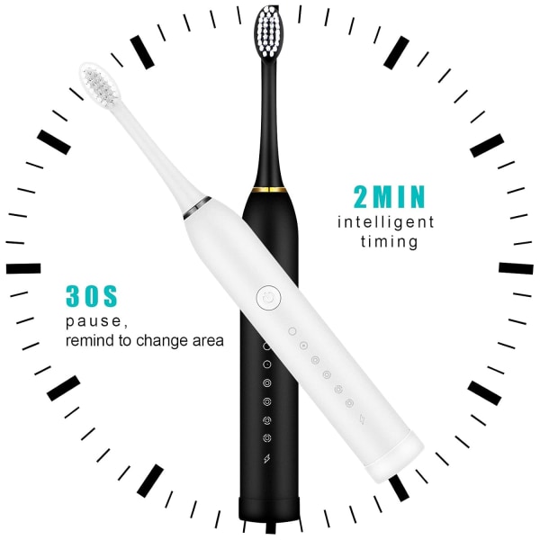 2 stk 6 modes elektriske tandbørster Genopladelig elektrisk tandbørste med 2 minutters timer, 8 stk erstatningsbørstehoveder (sort og hvid)