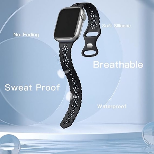 Pitsihihnat yhteensopivat Apple Watch -rannekkeen kanssa 38mm 40mm 41mm 42mm 44mm 45mm, pehmeä silikoni ontto elegantti hengittävä ranneke iWatch Series SE:lle black 38/40/41MM