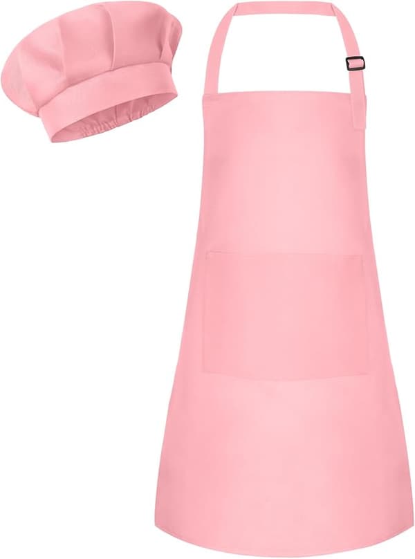 Barnförkläde och kockmössa set Barnförkläde justerbart, Barnkocksmålning för matlagning bakning, rosa pink