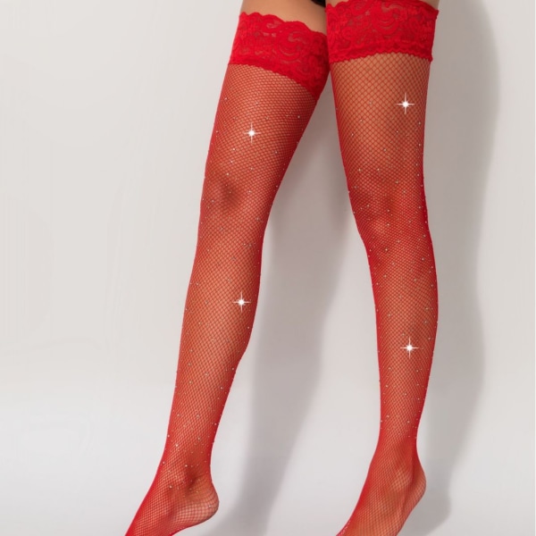 2 par nettstrømper av strass for kvinner, sklisikre strømper, glitter-hold-up strømper for stretchy nettstrømper, hvit og rød
