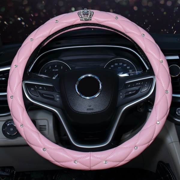 Rattdeksel med glitrende diamanter, Universal skinn Anti-Slip bilrattdeksel glitrende krone bilaccessoirer for kvinner damer (rosa)