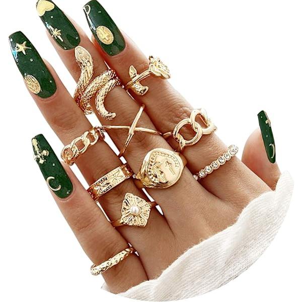 Guld Sølv Kno Knuckle Ringe Sæt til Kvinder Piger, 10PCS BOHO Ringe,Vintage Slange Kæde Blomster Ringe, Guldbelagt Statement Ring Midi Ringe SIze Blandet