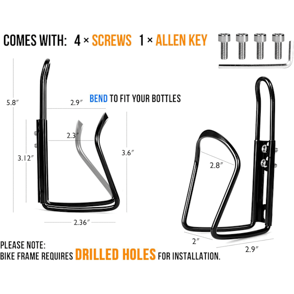 2-pakks sykkelvannflaskeholder, med skruer og verktøy, holdbare drikkeholdere, svarte