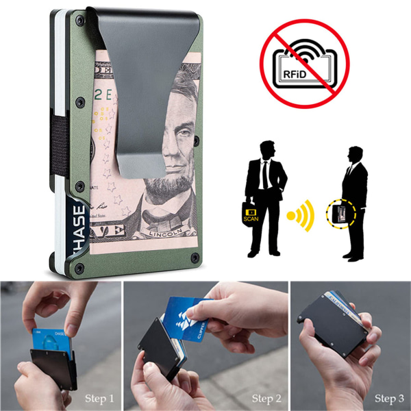 Minimalistinen metallilompakko ja rahaklipsi - ohut alumiininen luottokorttipidike RFID-estoiset taskulompakot miehille ja naisille (armeijanvihreä)
