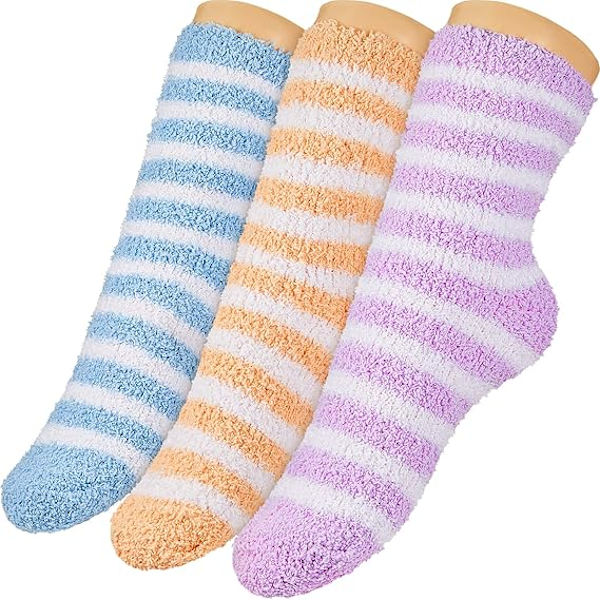 3 Par Fluffiga Strumpor Kvinnor Vinter Damstrumpor Fluffiga Strumpor Flickor Fuzzytofflor, Tjocka Varma Randiga Sovkstrumpor