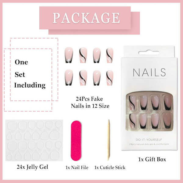 24 stk franske press-on negler medium, kiste falske negler rosa ballerina stick-on negler, avtagbare lim-på negler svart akryl full dekning falske negler